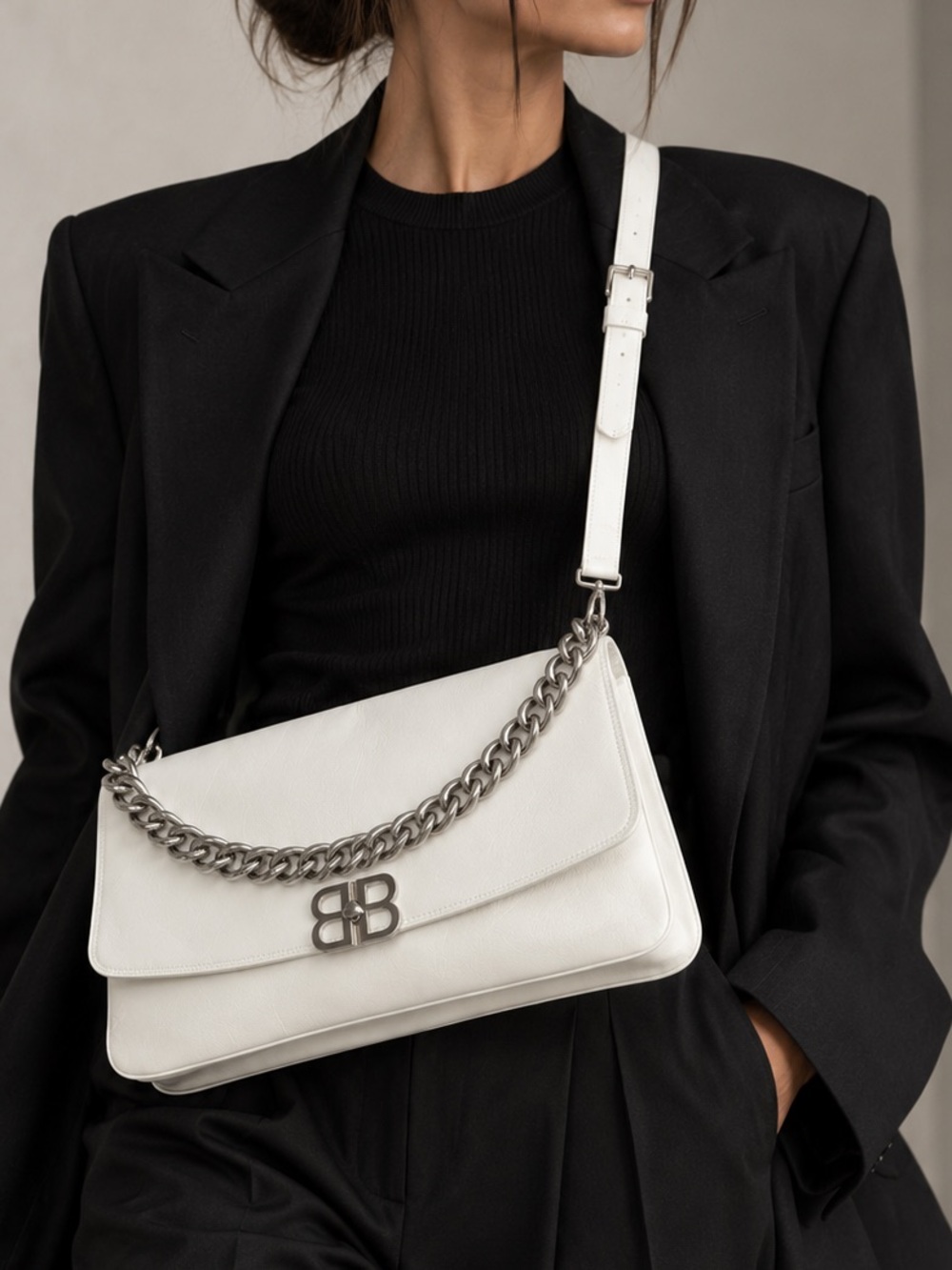 BALENCIAGA Large White Leather Flap Bag with Chain Accent and BB Logo NEW